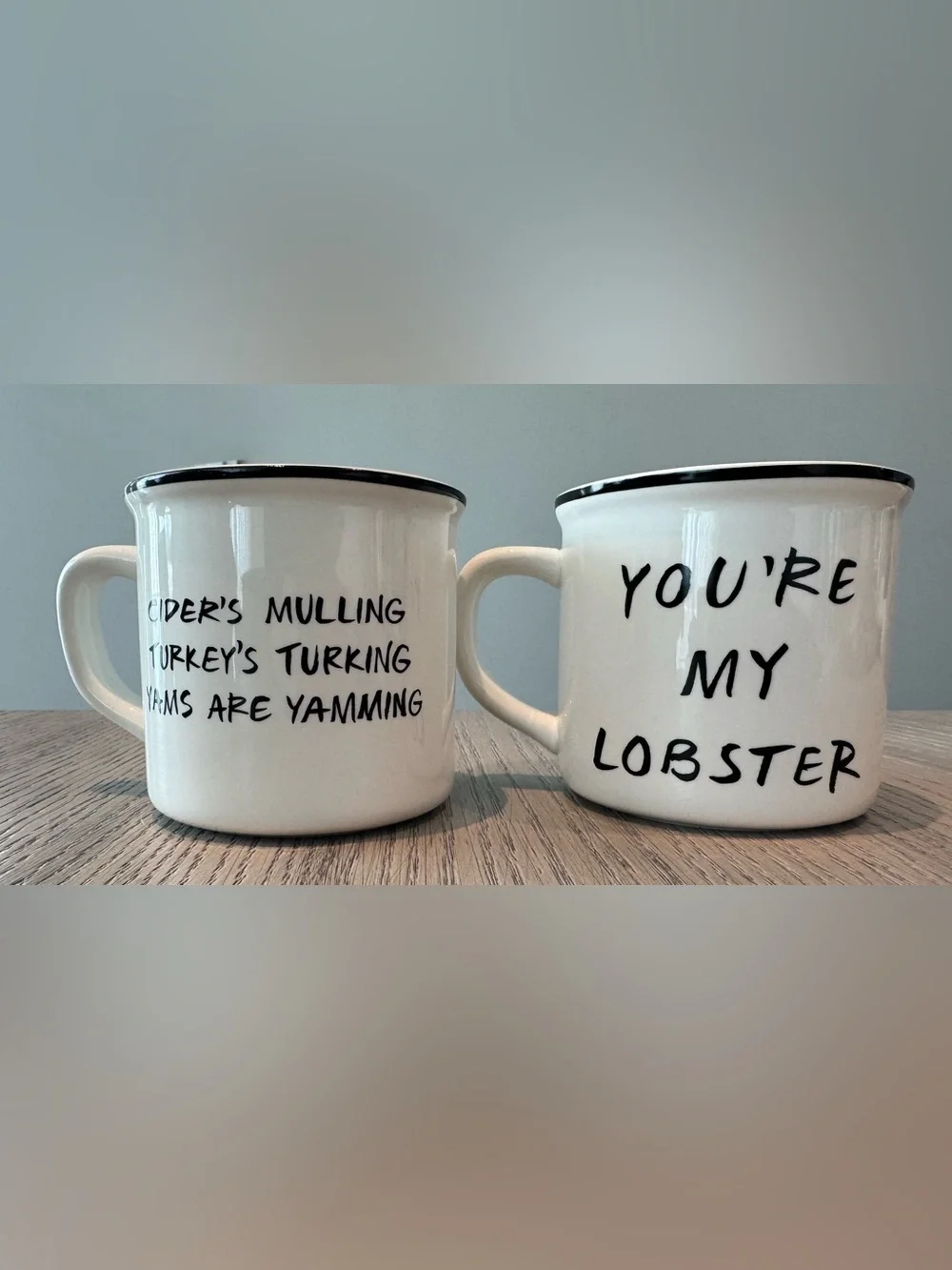 Pottery Barn “Friends” White Ceramic Lobster & Turkey Mug Set